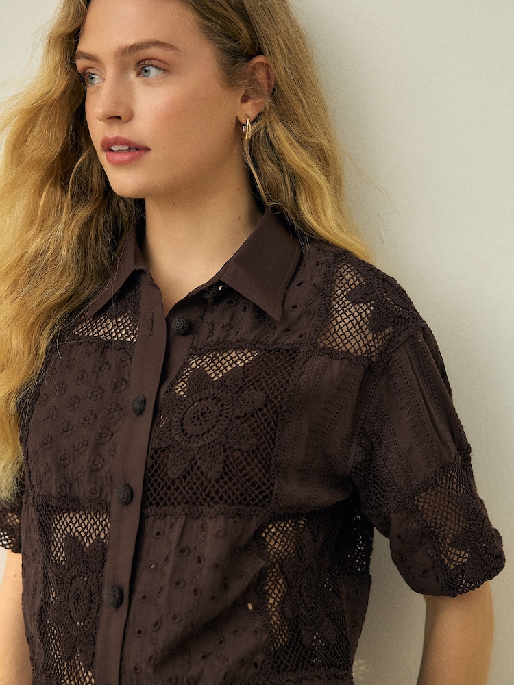 Chocolate Brown N. Premium Crochet Patchwork Short Sleeve Shirt - Image 1 of 8
