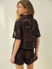 Chocolate Brown N. Premium Crochet Patchwork Short Sleeve Shirt - Image 4 of 8