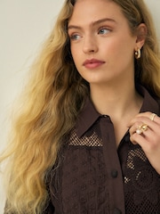 Chocolate Brown N. Premium Crochet Patchwork Short Sleeve Shirt - Image 5 of 8