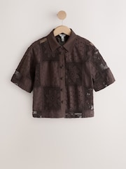 Chocolate Brown N. Premium Crochet Patchwork Short Sleeve Shirt - Image 6 of 8