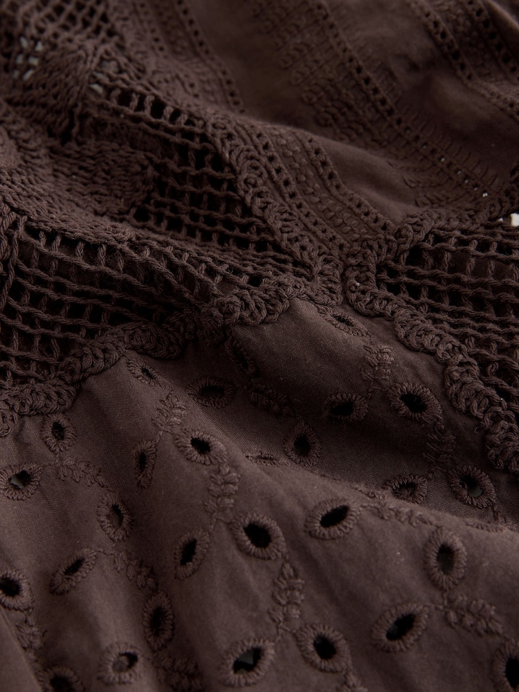 Chocolate Brown N. Premium Crochet Patchwork Short Sleeve Shirt - Image 8 of 8