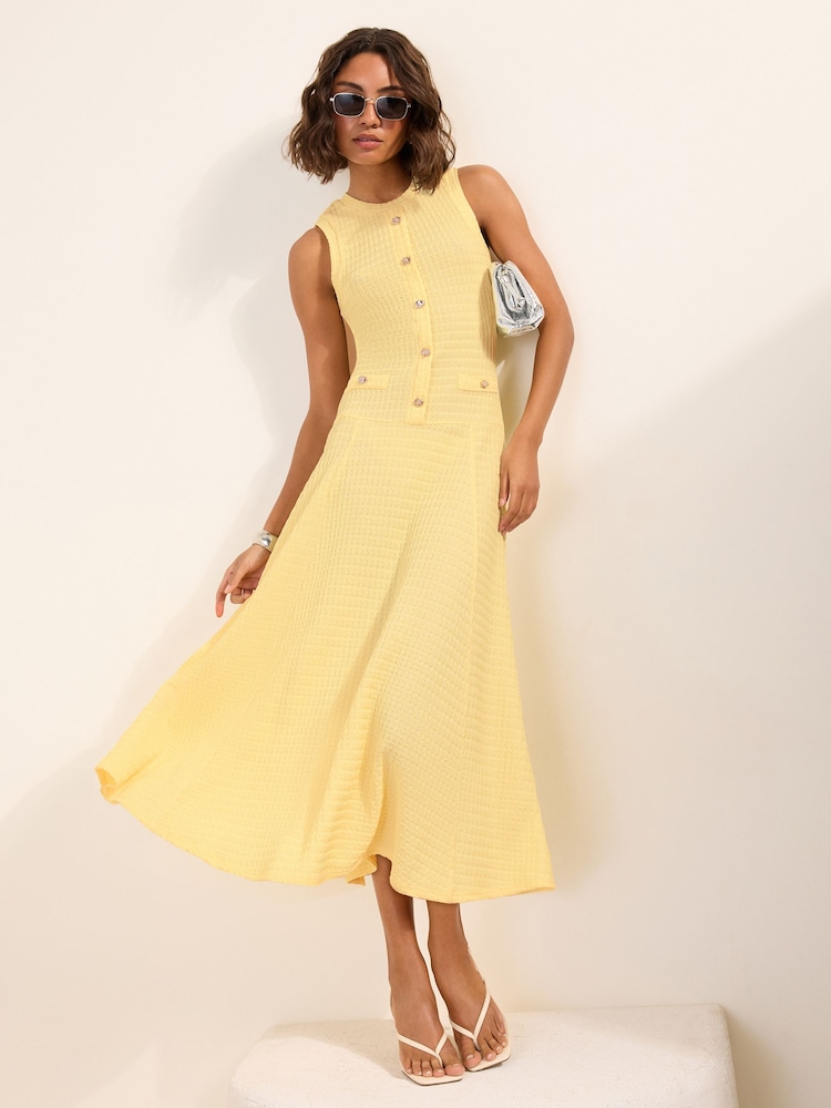 Friends Like These Yellow Drop Waist Sleeveless Textured Jersey Midi Dress - Image 1 of 5 Friends Like These Yellow Drop Waist Sleeveless Textured Jersey Midi Dress - Image 1 of 5