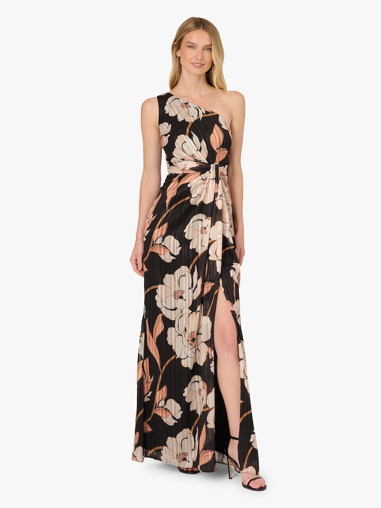 Adrianna Papell Black Draped Floral Ribbon Gown - Image 1 of 6 Adrianna Papell Black Draped Floral Ribbon Gown - Image 1 of 6