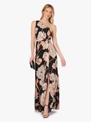 Adrianna Papell Black Draped Floral Ribbon Gown - Image 3 of 6