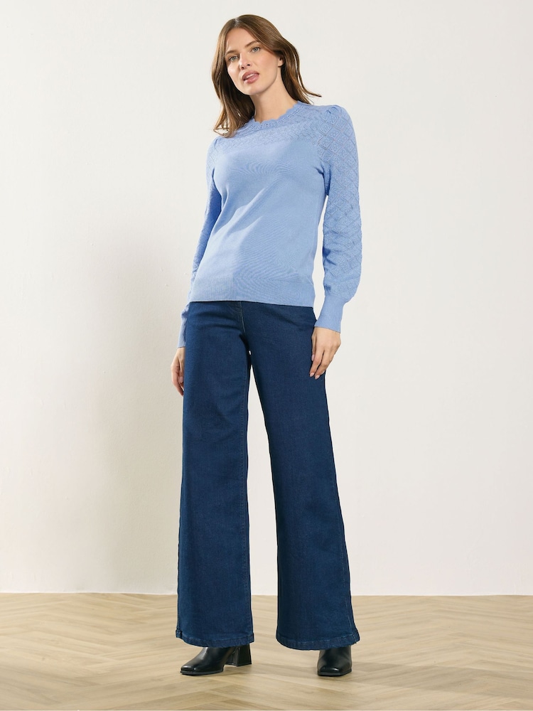 M&Co Blue Pointelle Sleeve Jumper - Image 2 of 5 M&Co Blue Pointelle Sleeve Jumper - Image 2 of 5