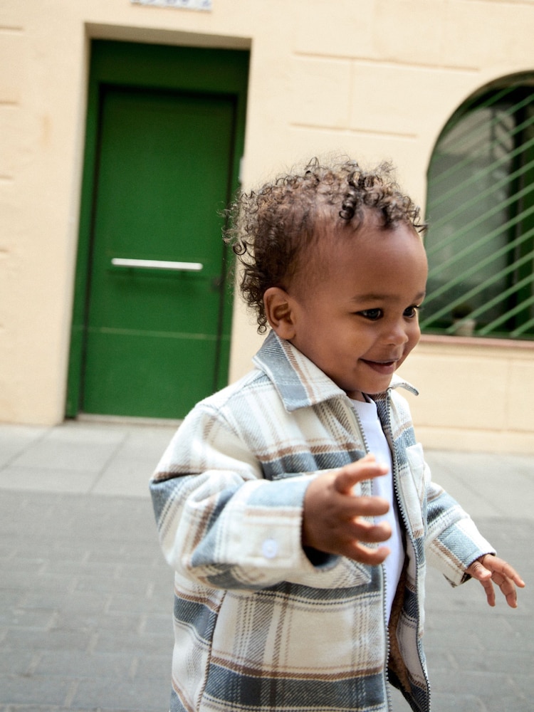 Blue/Ecru Check Zip Through Borg Lined Shacket (3mths-7yrs) - Image 1 of 2