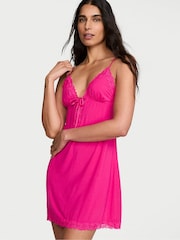 Victoria's Secret Pop Pink Modal Lace Trim Tie Front Slip Dress - Image 1 of 2