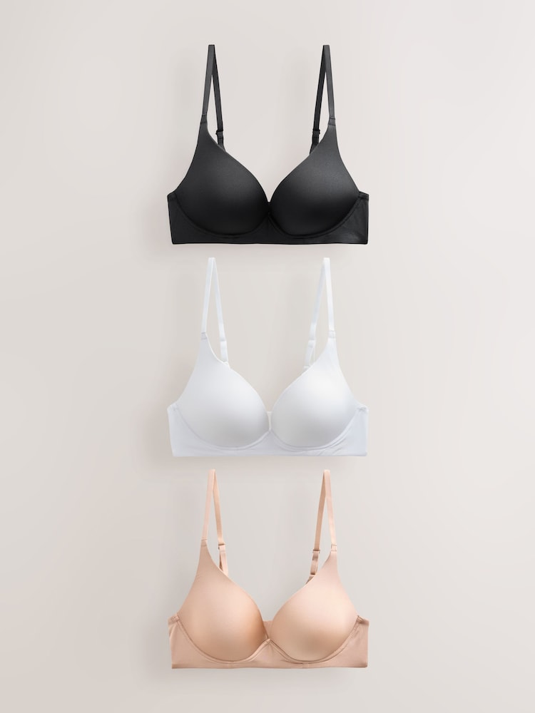 Black/White/Praline Nude Padded Non Wire A-E Ultimate Comfort Smoothing T-Shirt Bras 3 Pack - Image 1 of 9 Black/White/Praline Nude Padded Non Wire A-E Ultimate Comfort Smoothing T-Shirt Bras 3 Pack - Image 1 of 9