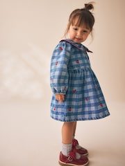 Blue Denim Check - Long Sleeve Collar Embroidered Ladybird Dress (3mths-8yrs) - Imagen 2 de 8