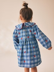 Blue Denim Check - Long Sleeve Collar Embroidered Ladybird Dress (3mths-8yrs) - Imagen 3 de 8