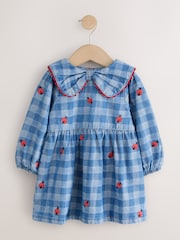 Blue Denim Check - Long Sleeve Collar Embroidered Ladybird Dress (3mths-8yrs) - Imagen 5 de 8