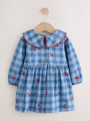 Blue Denim Check - Long Sleeve Collar Embroidered Ladybird Dress (3mths-8yrs) - Imagen 6 de 8