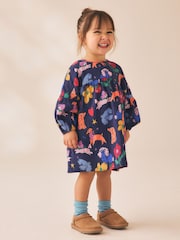 Navy Blue Dog Print Long Sleeve Printed Dress (3mths-8yrs) - Image 1 of 8
