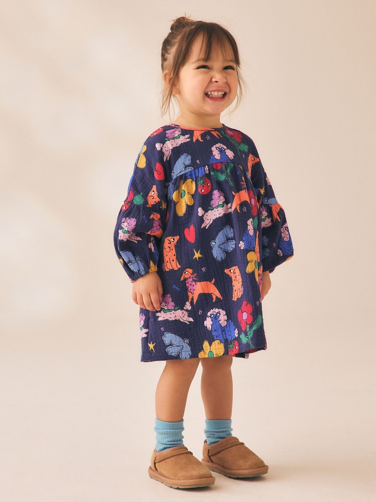 Navy Blue Dog Print Long Sleeve Printed Dress (3mths-8yrs) - Image 1 of 8