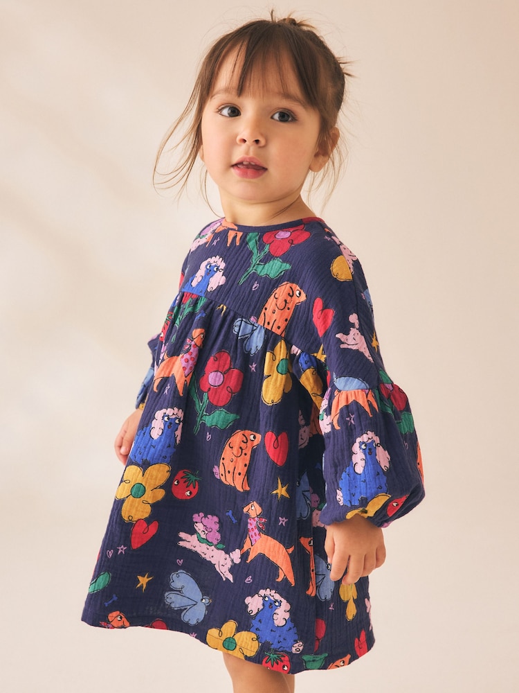 Navy Blue Dog Print Long Sleeve Printed Dress (3mths-8yrs) - Image 2 of 8