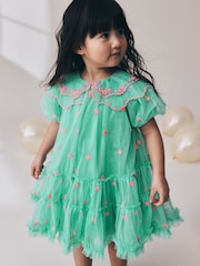 Teal Blue Mesh Embroidered Occasion Dress (3mths-8yrs) - Image 1 of 9