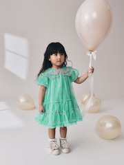 Teal Blue Mesh Embroidered Occasion Dress (3mths-8yrs) - Image 2 of 9