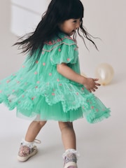 Teal Blue Mesh Embroidered Occasion Dress (3mths-8yrs) - Image 3 of 9