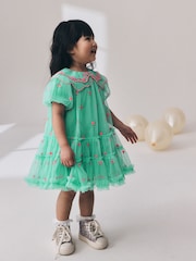 Teal Blue Mesh Embroidered Occasion Dress (3mths-8yrs) - Image 4 of 9