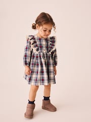 Navy Blue Heart Check - 褶邊領長袖連身裙（3 個月-8 歲） - 圖片 1/8