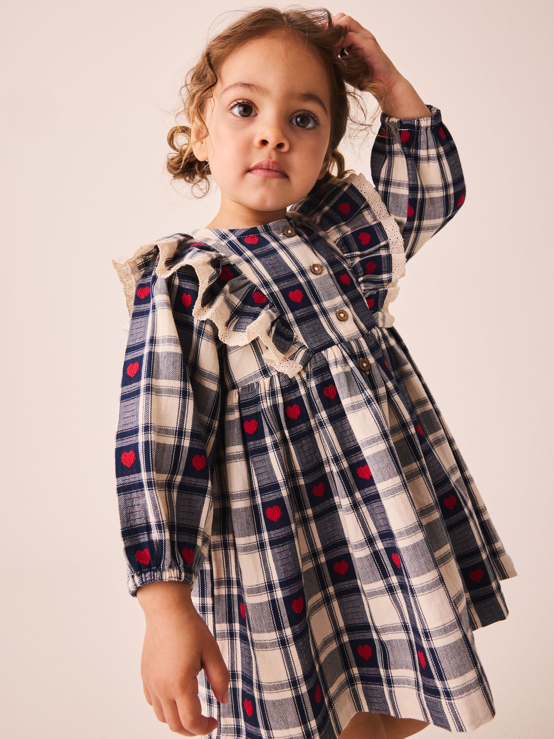 Next：日本 Navy Blue Heart Check - フリル 襟付き 長袖ワンピース（3