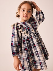 Navy Blue Heart Check - 褶邊領長袖連身裙（3 個月-8 歲） - 圖片 2/8