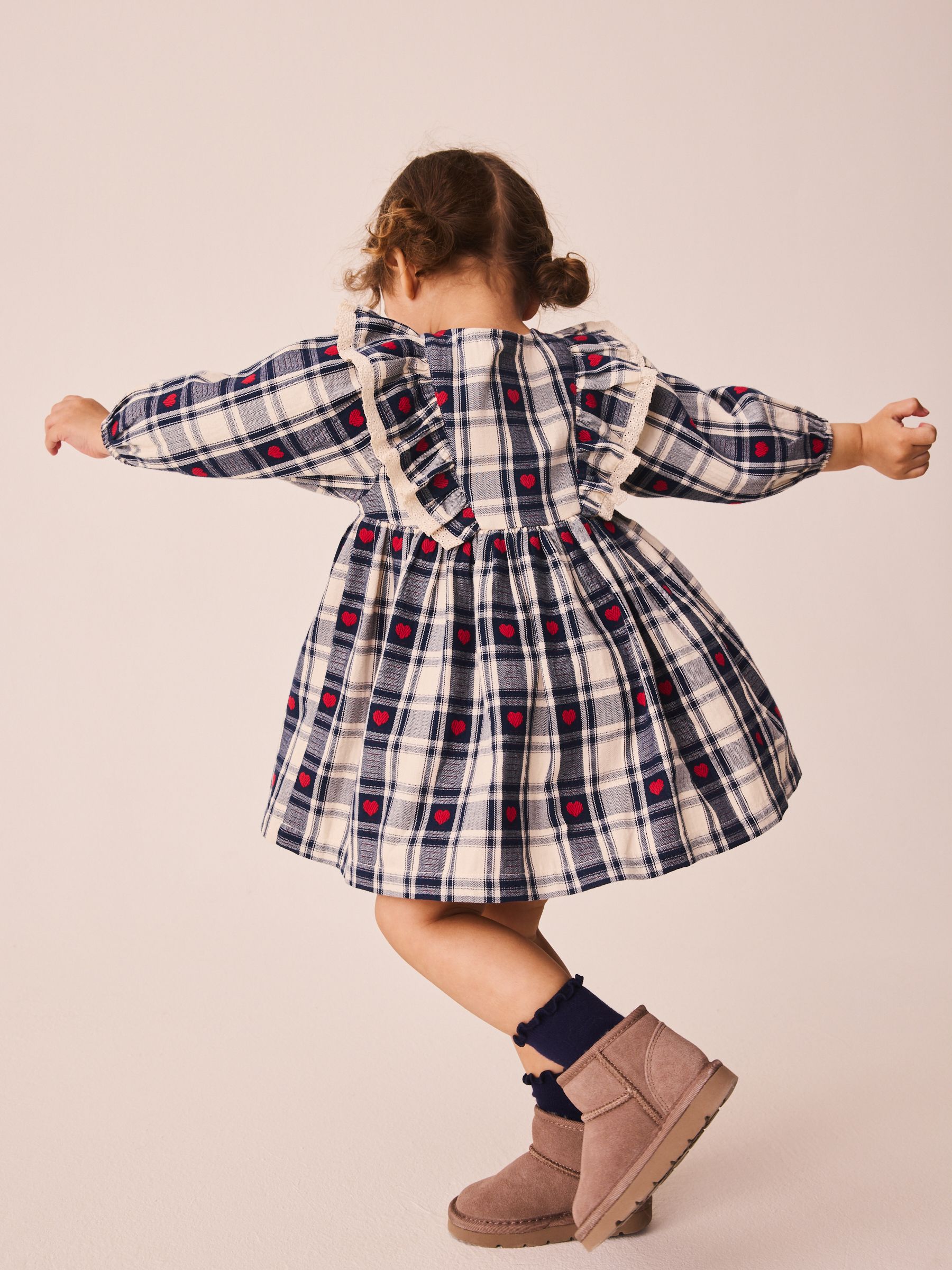 Next：日本 Navy Blue Heart Check - フリル 襟付き 長袖ワンピース（3
