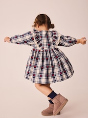 Navy Blue Heart Check - 褶邊領長袖連身裙（3 個月-8 歲） - 圖片 3/8