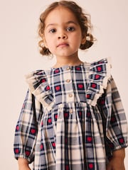 Navy Blue Heart Check - 褶邊領長袖連身裙（3 個月-8 歲） - 圖片 4/8