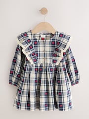 Navy Blue Heart Check - 褶邊領長袖連身裙（3 個月-8 歲） - 圖片 5/8