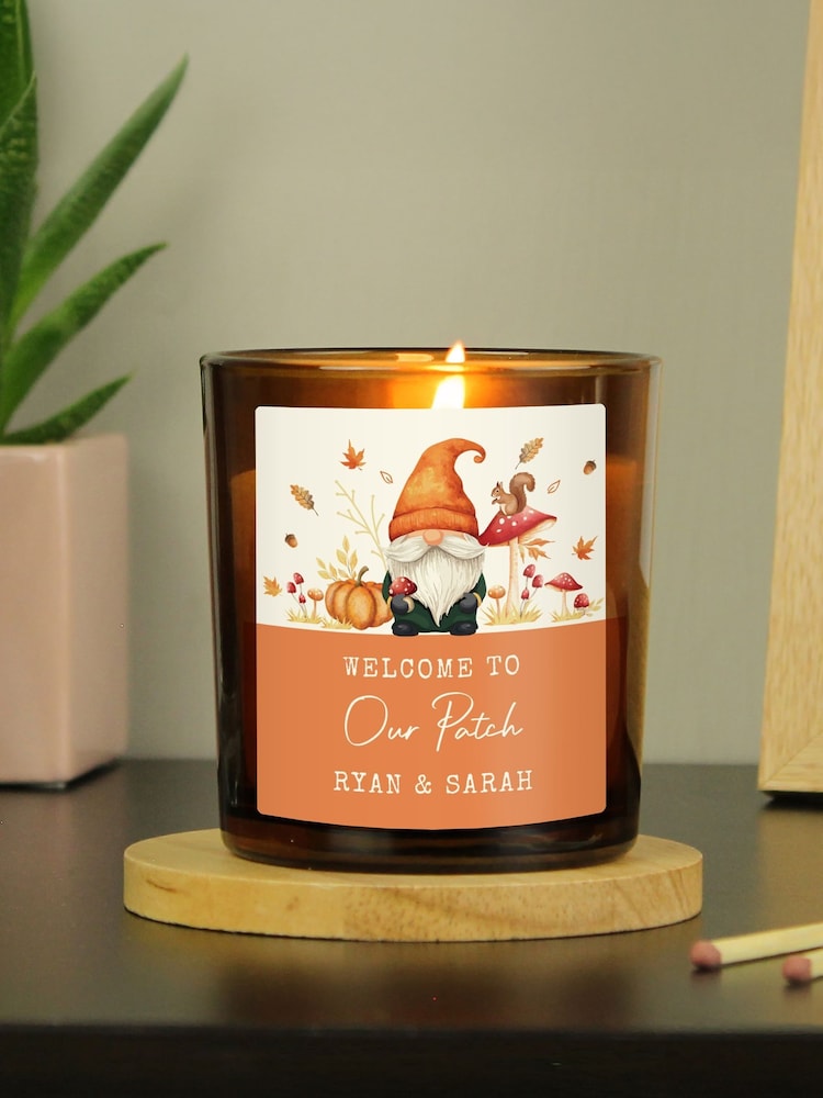 Personalised Autumn Gonk Amber Glass Candle by PMC - Image 2 of 3