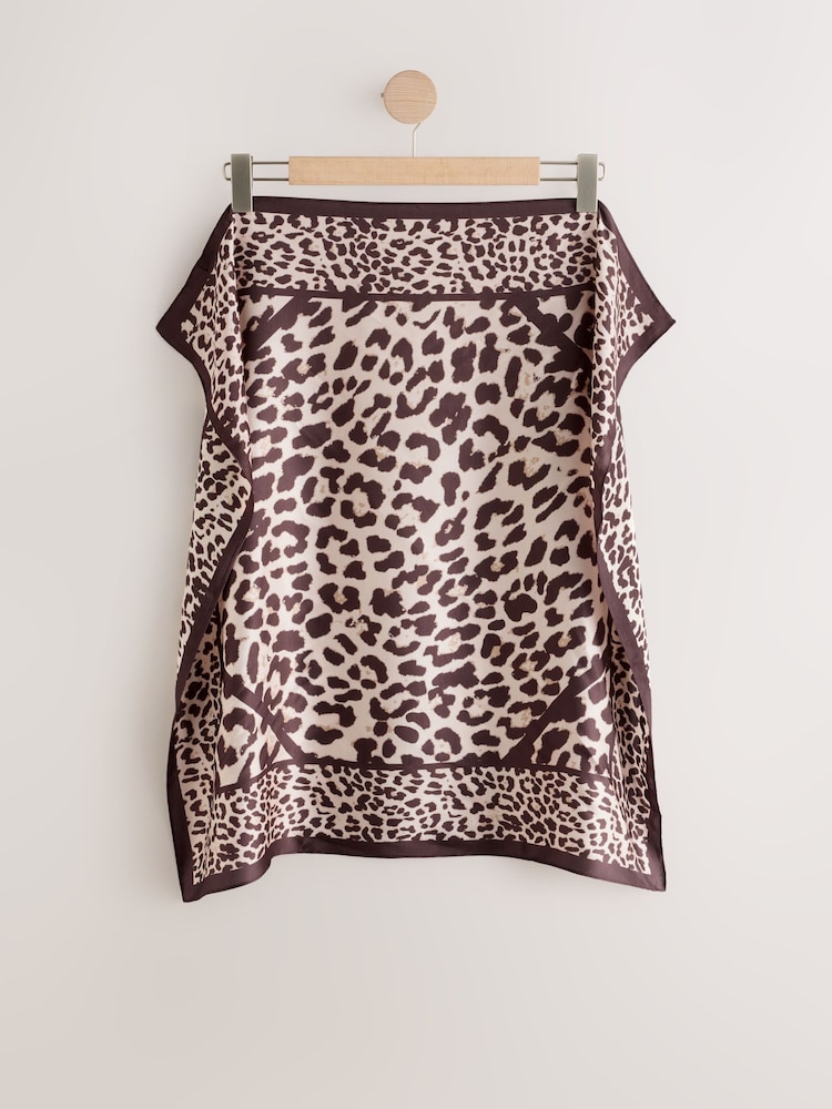 Chocolate Leopard Print Satin Square Lightweight Scarf - Image 1 of 4 Chocolate Leopard Print Satin Square Lightweight Scarf - Image 1 of 4