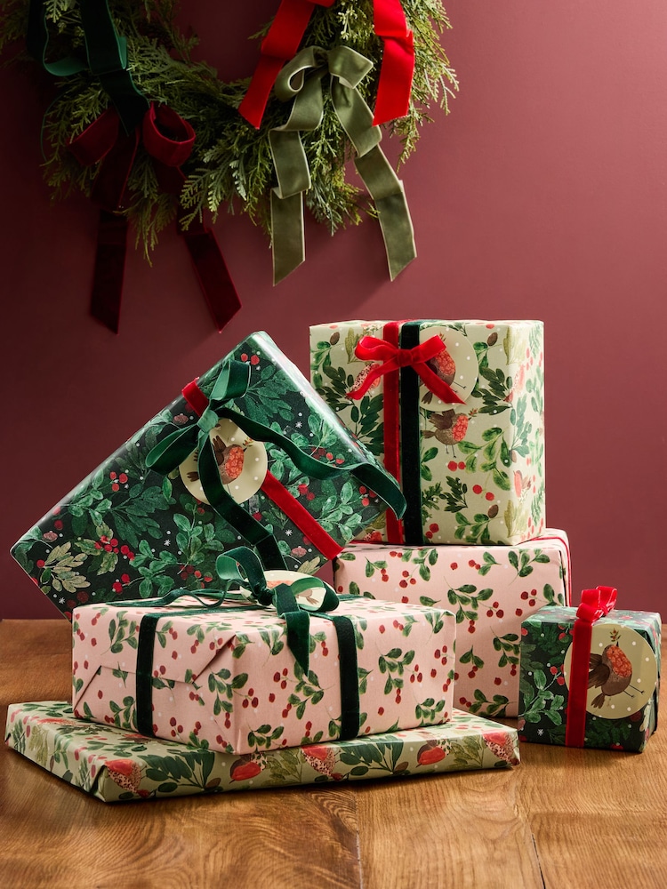 Set of 3 Green Robin and Berry Foliage Christmas Wrapping Paper Luxury Set of 3, 3m Gift Tags and Ribbons Set - Image 1 of 4