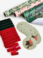 Set of 3 Green Robin and Berry Foliage Christmas Wrapping Paper Luxury Set of 3, 3m Gift Tags and Ribbons Set - Image 3 of 4