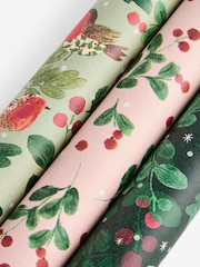 Set of 3 Green Robin and Berry Foliage Christmas Wrapping Paper Luxury Set of 3, 3m Gift Tags and Ribbons Set - Image 4 of 4