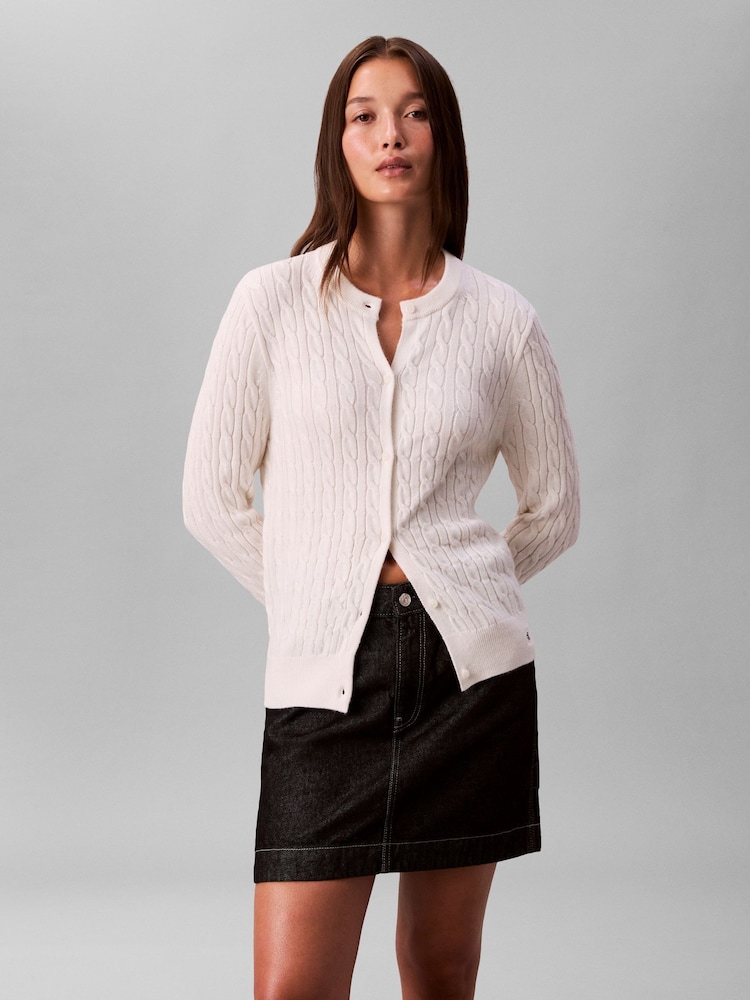 Calvin Klein White Merino Wool Blend Cable Cardigan - Image 1 of 5 Calvin Klein White Merino Wool Blend Cable Cardigan - Image 1 of 5