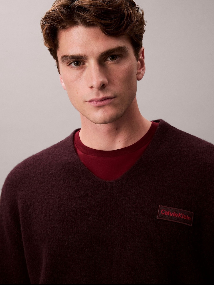 Calvin Klein Brown Boiled Merino Wool V-Neck Jumper - Image 5 of 5