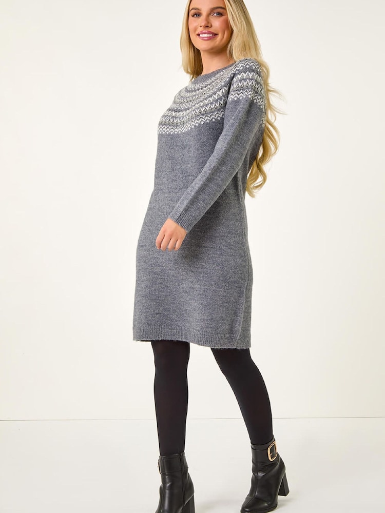 Roman Grey Petite Fairisle Knit Jumper Dress - Image 1 of 5 Roman Grey Petite Fairisle Knit Jumper Dress - Image 1 of 5