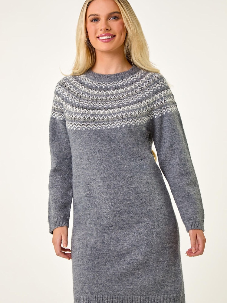 Roman Grey Petite Fairisle Knit Jumper Dress - Image 2 of 5 Roman Grey Petite Fairisle Knit Jumper Dress - Image 2 of 5