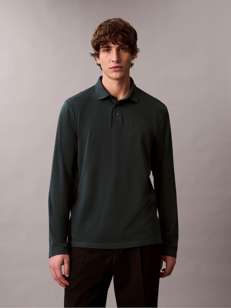 Calvin Klein Green Supima Cotton Long Sleeve Polo Shirt - Image 1 of 6