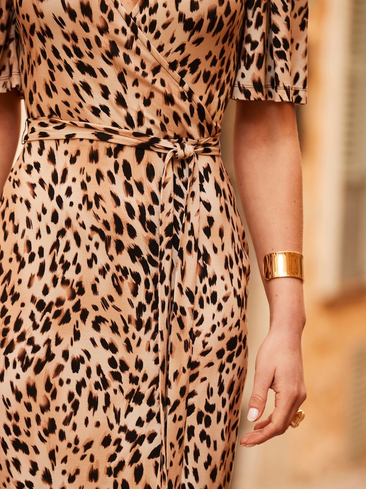 Sosandar Brown Animal Print Angel Sleeve Wrap Dress - Image 4 of 4 Sosandar Brown Animal Print Angel Sleeve Wrap Dress - Image 4 of 4