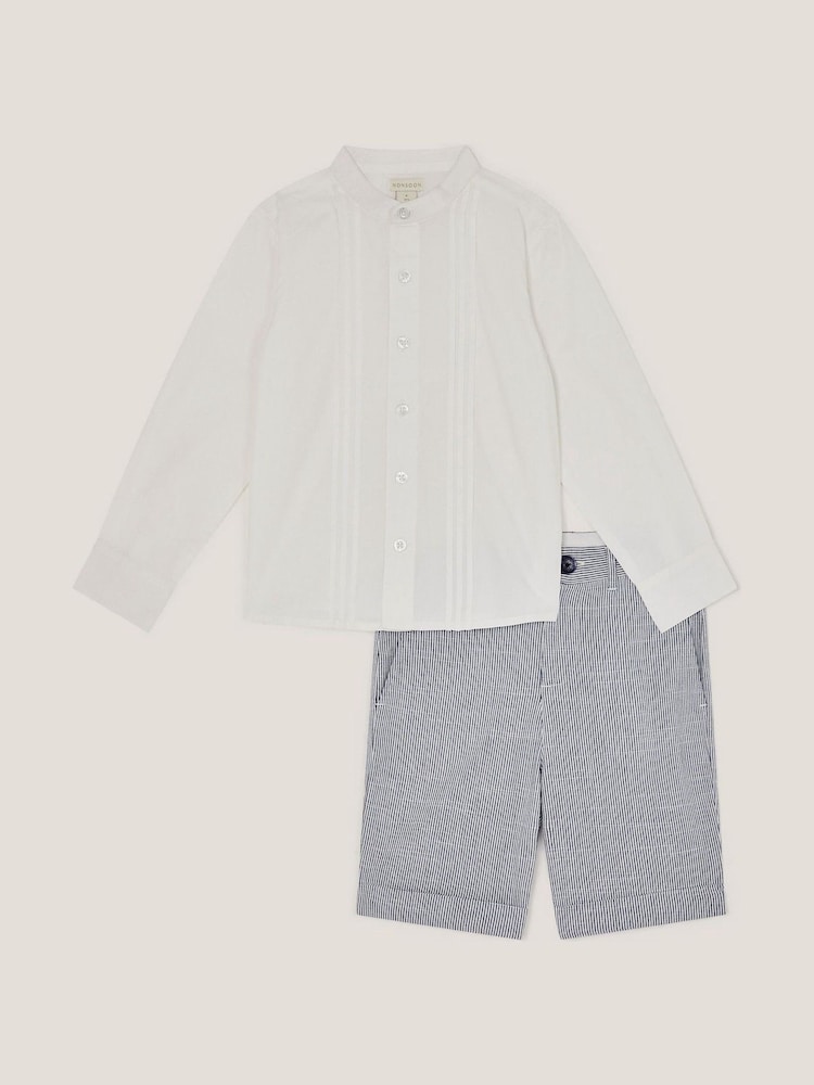 Monsoon Blue Pintuck Shirt and Stripe 100% Cotton Shorts Set - Image 1 of 3