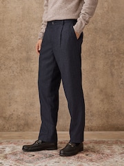 Navy Blue Regular Tapered Fit Nova Fides Wool Rich Herringbone Trousers - Image 1 of 10