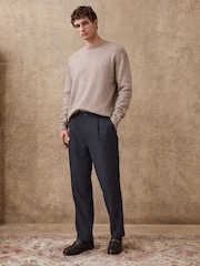 Navy Blue Regular Tapered Fit Nova Fides Wool Rich Herringbone Trousers - Image 2 of 10