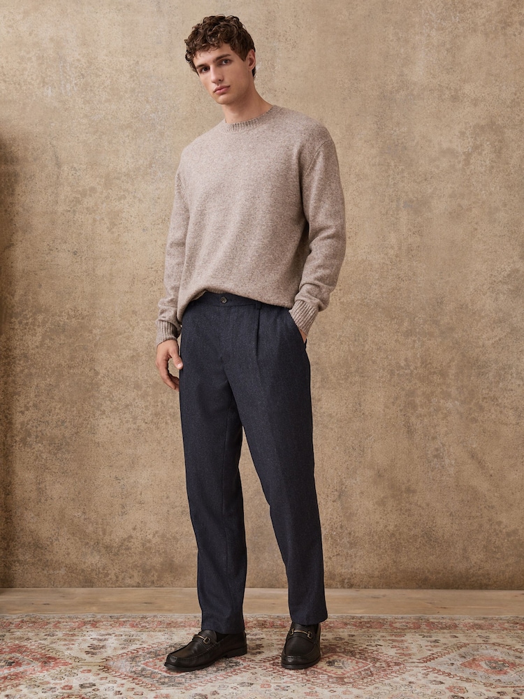 Navy Blue Regular Tapered Fit Nova Fides Wool Rich Herringbone Trousers - Image 2 of 10