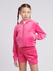 Juicy Couture Pink Girls Arch Zip-Thru Diamante Hoodie - Image 1 of 7