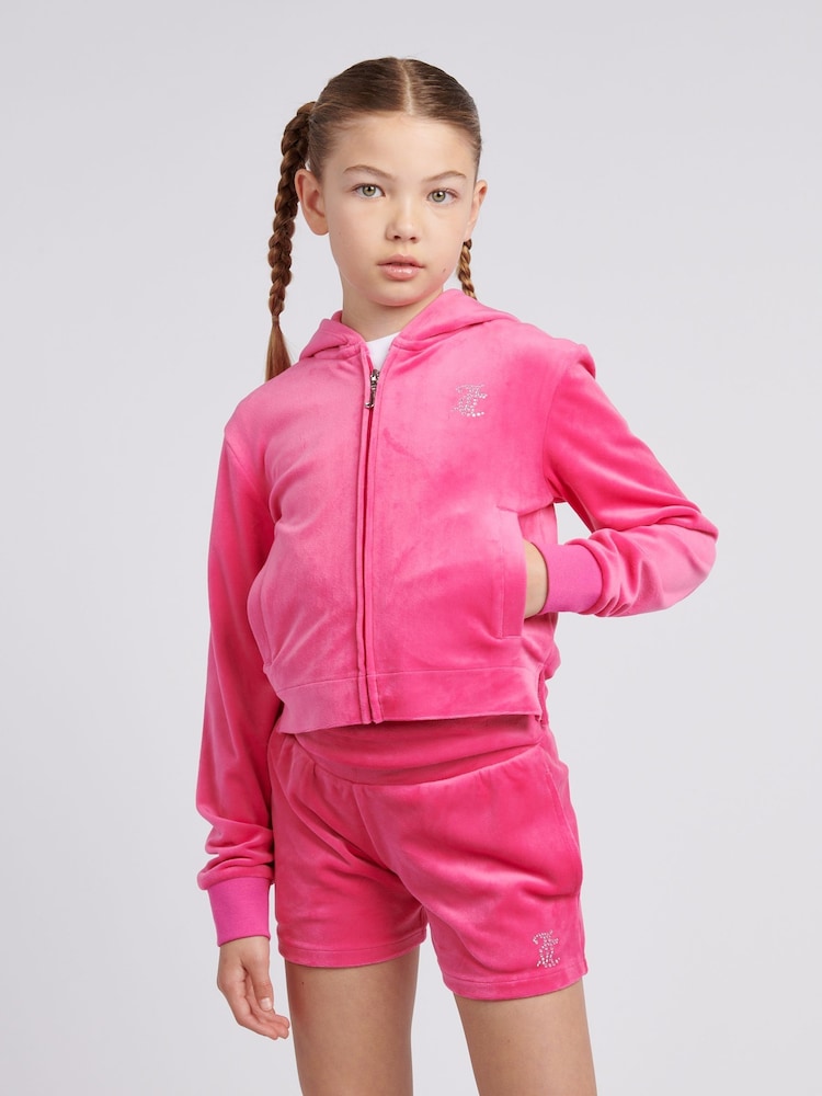Juicy Couture Pink Girls Arch Zip-Thru Diamante Hoodie - Image 1 of 7