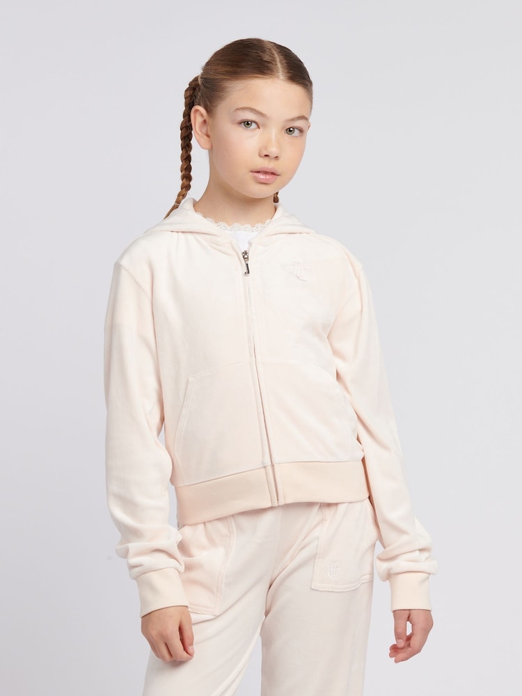 Juicy Couture Cream Girls Tonal Velour Zip Up Hoodie - Image 1 of 7