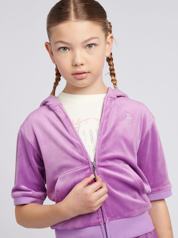 Juicy Couture Purple Girls Diamante Zip Thru Short-Sleeve Hoodie - Image 4 of 9