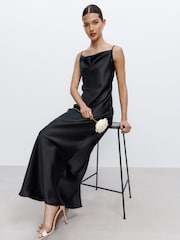 Black Bridesmaid Satin Cowl Neck V-Back Maxi Dress - Image 1 of 6